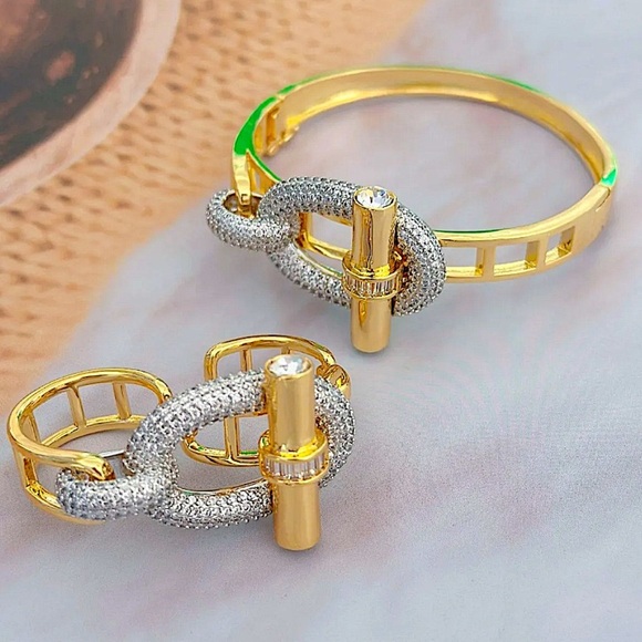 Gold Zircon Bangle Bracelet Two Finger Ring Set Luxury 18K Gold Plated - Picture 16 of 16